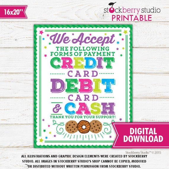 We Accept Cash Debit Credit Card Sign Scout Cookie Booth Sign Printable Troop Bake Sale Sign Instant Download Bake Sale Fundraiser Poster Il_570xn