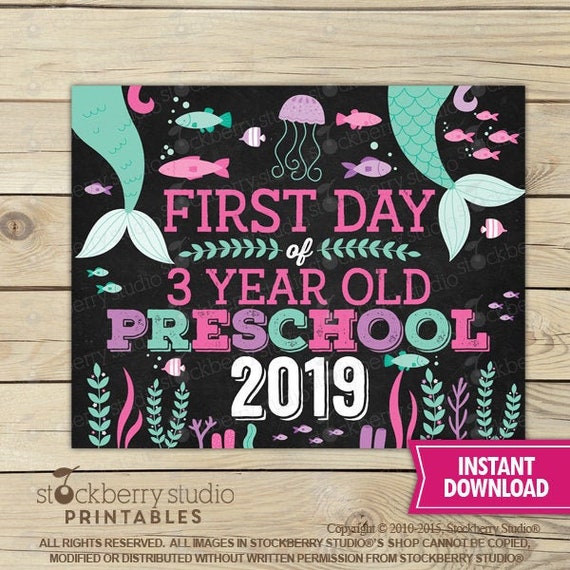 Mermaid First Day of 3 Year Old Preschool Sign Instant Download - Girl First Day of Preschool Sign Printable - First Day of School Sign Il_570xn