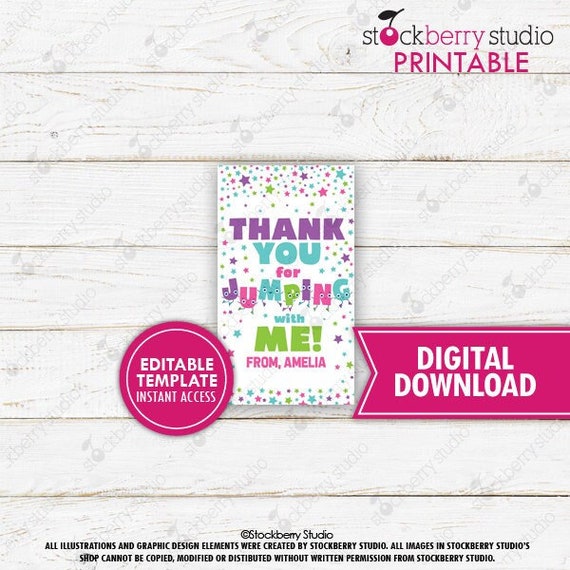 Jump Favor Tag Printable Girl Trampoline Bounce House Party Jump Birthday Let's Jump Thank You For Jumping Instant Editable Template Il_570xn