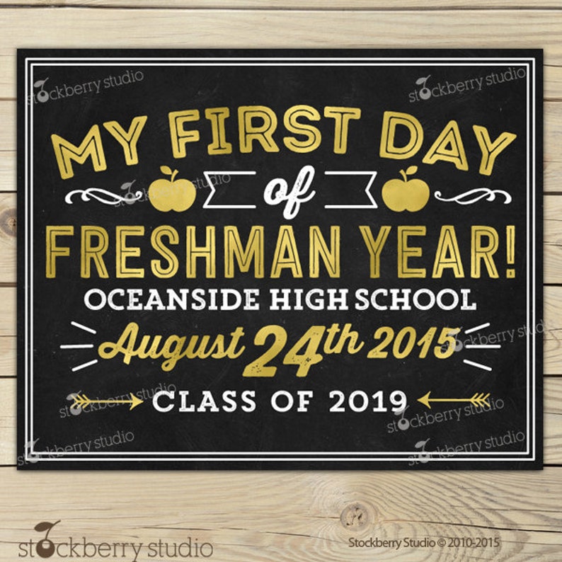 Op de afbeelding: Een zwart schoolbordbord met gouden letters met de tekst "MY FIRST DAY of FRESHMAN YEAR!" met de datum "August 24th 2015" en "CLASS OF 2019". Het bord bevat ook de schoolnaam "OCEANSIDE HIGH SCHOOL".