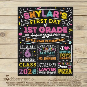 May include: A chalkboard-style sign with colorful text announcing "Skylar's First Day of 1st Grade" on August 24th, 2016. It includes details about age, teacher's name, favorite things, and future aspirations. The sign is decorated with stars and school-themed illustrations.