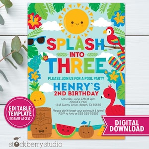 May include: A colorful invitation for a pool party with the text "Splash into Three". The design includes a smiling sun, a parrot, a flamingo, and tropical elements. The invitation is for Henry's 2nd birthday.