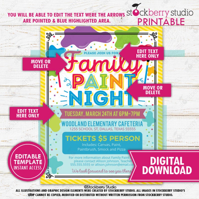 Family Paint Art Night Flyer Printable Craft Festival Fundraiser Template Creative PTA PTO School Community Event Church Editable Download image 2