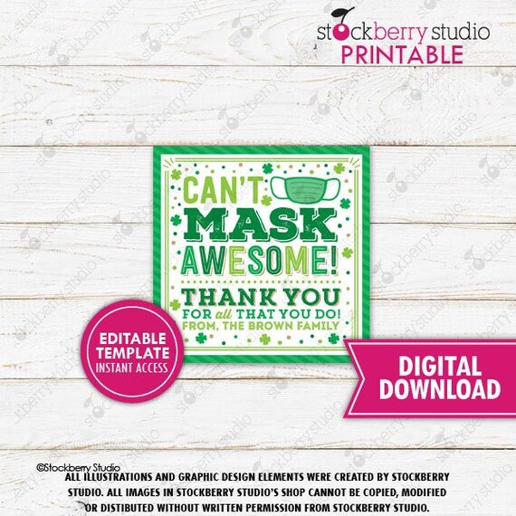 St Patrick's Day Gift Tag Face Mask Nurse Appreciation Thank You Tag Frontline Essential Worker Medical Worker Staff Employee Printable Il_570xn