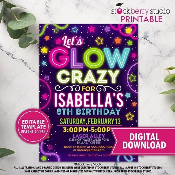 Glow Party Invitation Printable Girl Neon in the Dark Glow Invite Rainbow Girls Teen Birthday Digital Instant Download Editable Template Il_570xn