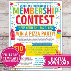 May include: A vibrant poster advertising the Woodland Elementary PTA membership contest, offering a pizza party as a prize. The design features bright colours and text such as "Help Your Child's Class" and "Win a Pizza Party!", with a digital download option.
