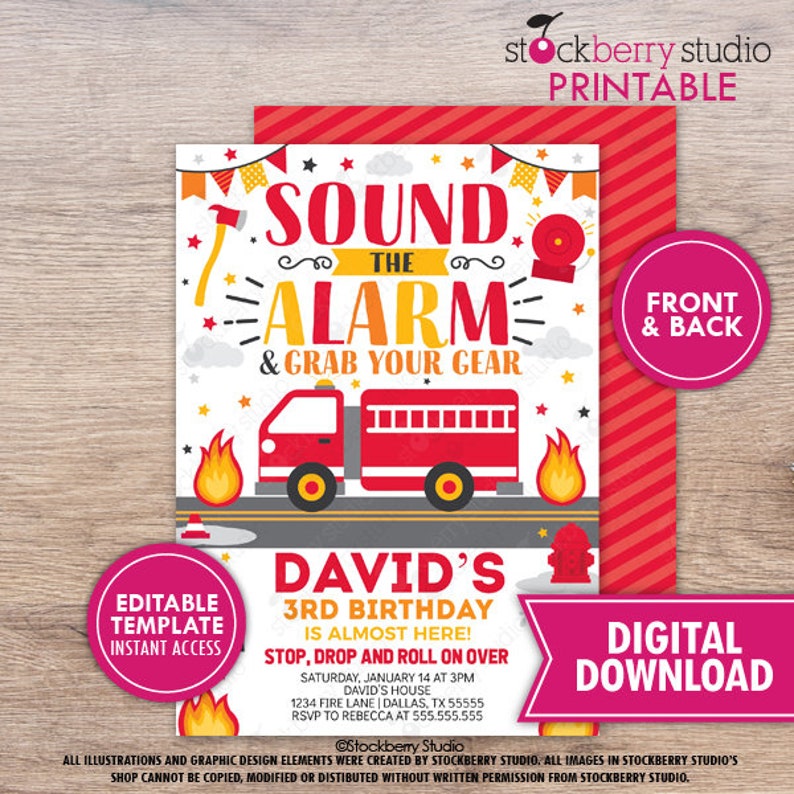 May include: A printable invitation for a 3rd birthday party with a fire truck theme. The invitation features a red fire truck with yellow wheels and a yellow ladder. The text on the invitation reads "Sound the Alarm & Grab Your Gear" and "David's 3rd Birthday is almost here! Stop, Drop and Roll on Over".