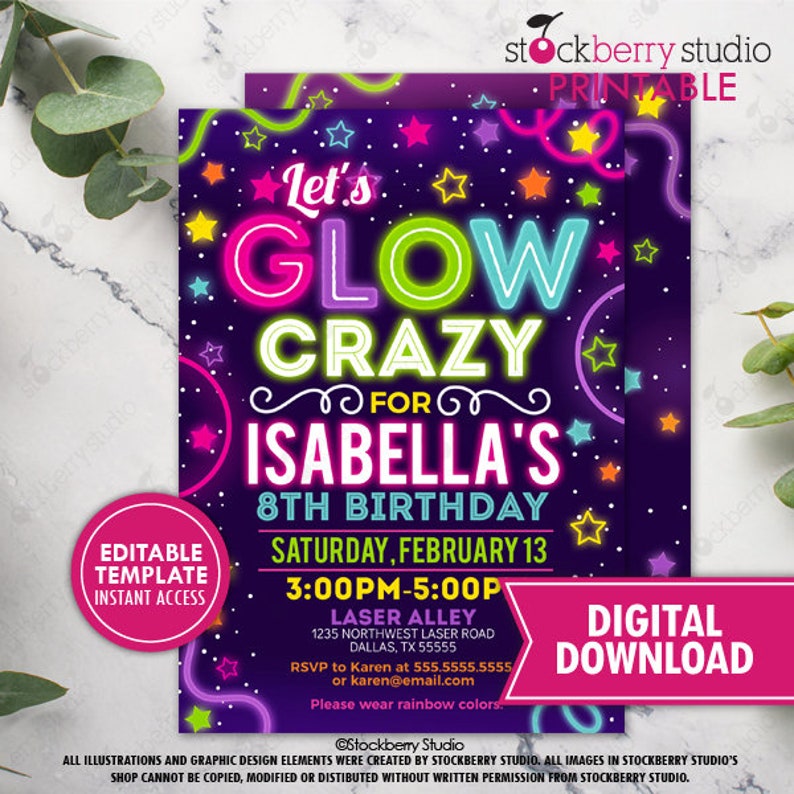 Glow Party Invitation Printable Girl Neon in the Dark Glow Invite Rainbow Girls Teen Birthday Printed Invite or Digital Download Editable image 3