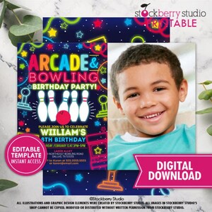 Arcade Bowling Birthday Party Invitation Printable Boy Neon Glow Bowl Games Invite Boys Digital Instant Download Editable Template Digital Photo 5x7