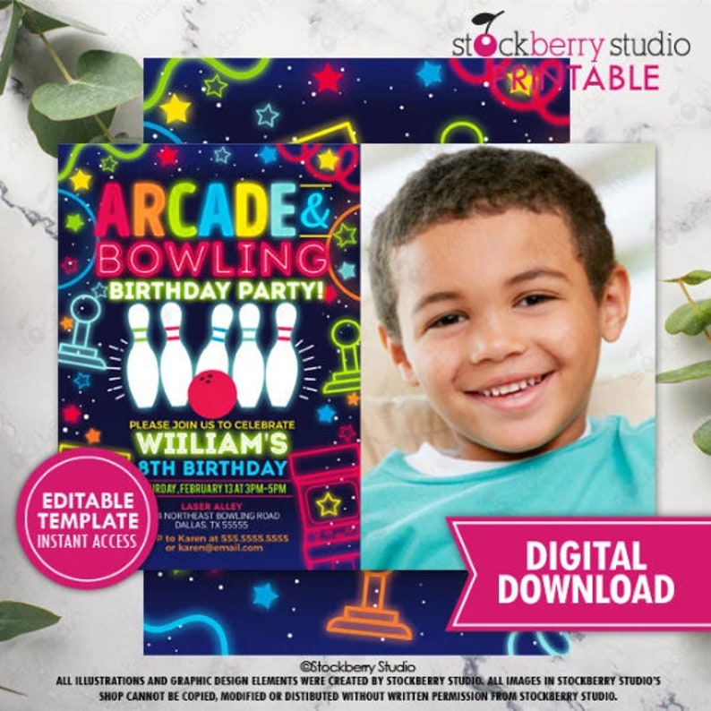 Arcade Bowling Birthday Party Invitation Printable Boy Neon Glow Bowl Games Invite Boys Digital Instant Download Editable Template Digital Photo 5x7