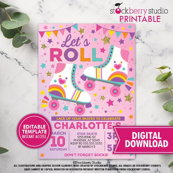 Roller Skating Invitation Printable Disco Dance Party Skating Birthday Invitation Roller Skate File Instant Download Editable Template Il_570xn