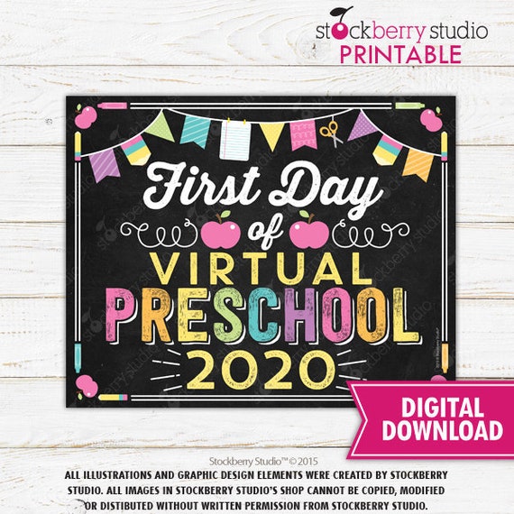Girl First Day of Virtual Preschool Sign First Day of Virtual School Sign Printable First Day of School Sign Back to School Instant Download Il_570xn