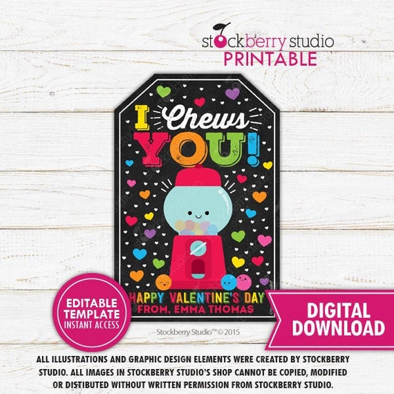 Bubble Gum Valentine's Day Gift Tags Printable I Chews You Tags Valentine Gumball Favors Editable Valentine Classroom Gifts Instant Download Il_570xn