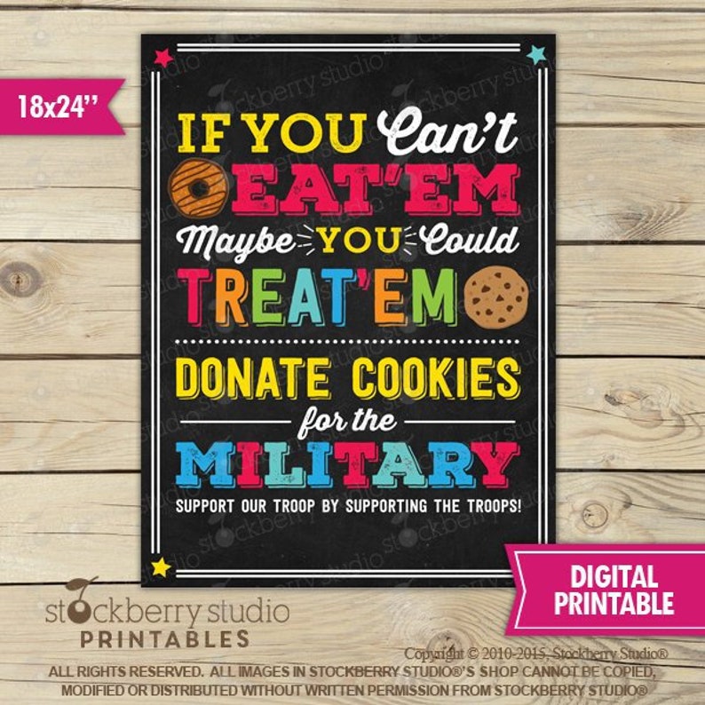 Donate Cookies for Military Troops If You Can't Eat'em Treat'em Cookie Booth Sign Printable Instant Download Cookie Booth Poster image 1