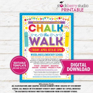 Chalk the Walk Flyer Kids Kindness Positive Activity School Elementary PTO PTA Event Idea Homeschool Editable Template