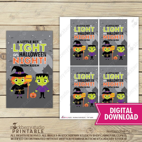 Halloween Glow Stick Tag Personalized - A Little Light for Halloween Night - Halloween Party Favor - Halloween Glow Stick Card Printable Il_570xn