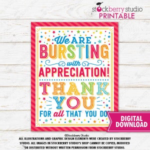 Bursting with Appreciation Sign Star Gift Candy Thank You Employee Staff Nurse Teacher Appreciation School PTO PTA Instant Download