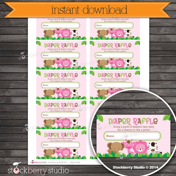 Girl Safari Animals Baby Shower Diaper Raffle Tickets - Instant Download - Pink Baby Shower Diaper Cards - Jungle Girl Baby Shower Games Il_570xn