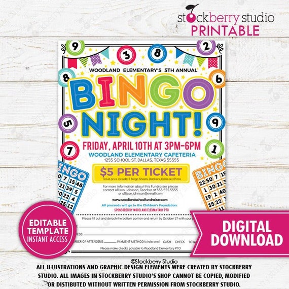 Bingo Night Form Flyer Printable Fundraiser Community Event Invitation Church Company Invite Family School PTA PTO Template Editable Digital Il_570xn