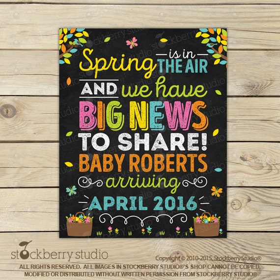 Spring Pregnancy Announcement Chalkboard Sign Printable - Spring Baby Announcement Sign - Pregnancy Reveal - Spring is in the Air - Flower Il_570xn