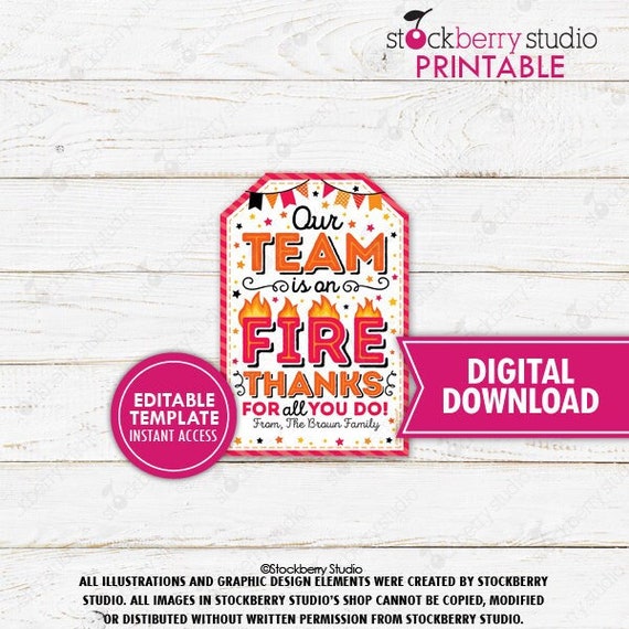 Red Candy Gift Tag Printable Hot Team is on Fire Staff Team Appreciation Treat Match Tournament Match Competition Game Day Editable Template Il_570xn