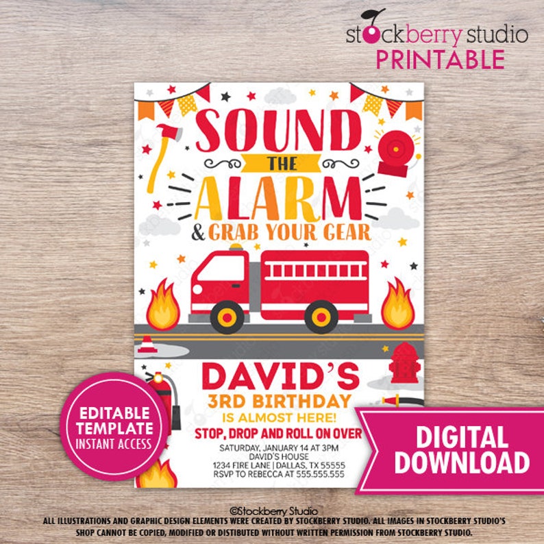 Firetruck Invitation Printable Fire Truck Birthday Printed Firefighter Birthday Invite Digital Fireman Birthday Instant Editable Template image 2
