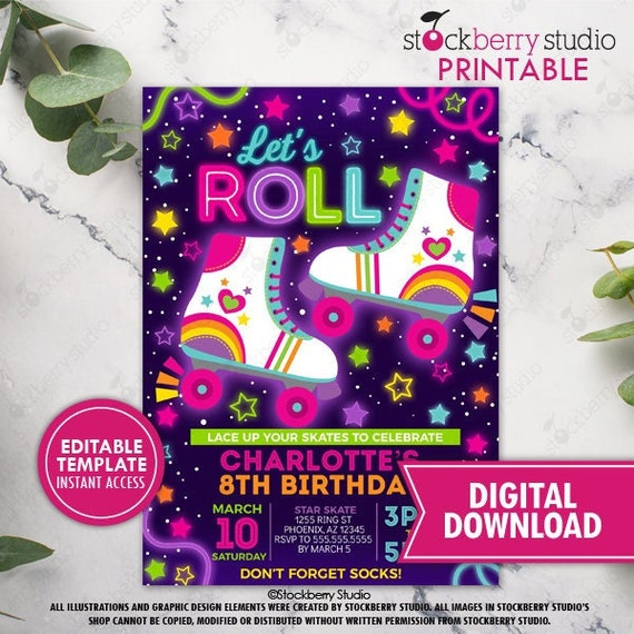 Glow Roller Skate Birthday Invitation Printable Girl Neon Rainbow Skating Invite Roller Skate Digital Instant Download Editable Template Il_570xn