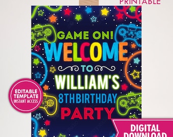 Video Game Birthday Party Welcome Sign Printable Neon Glow Level Up Game On Games Welcome Signs Boy Birthday Decor Digital Editable Template