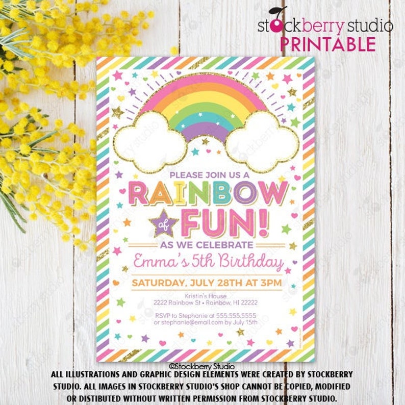 May include: Rainbow of Fun! Birthday party invitation with a rainbow, clouds, and stars. The invitation is for Emma's 5th birthday party. The party is on Saturday, July 28th at 3pm. RSVP to Stephanie by July 15th.