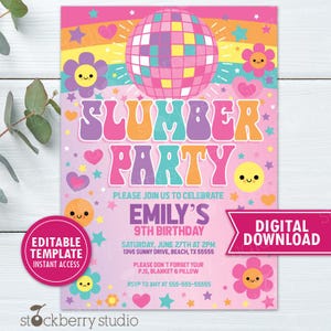 Slumber Birthday Party Invitation Disco Girl Groovy Hippie Retro 70s Tween Teen Kids Pajama Party Sleepover Invite Editable Instant Download