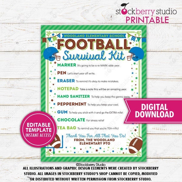 Football Survival Kit Printable Player Sports Team Gift Kids School ...