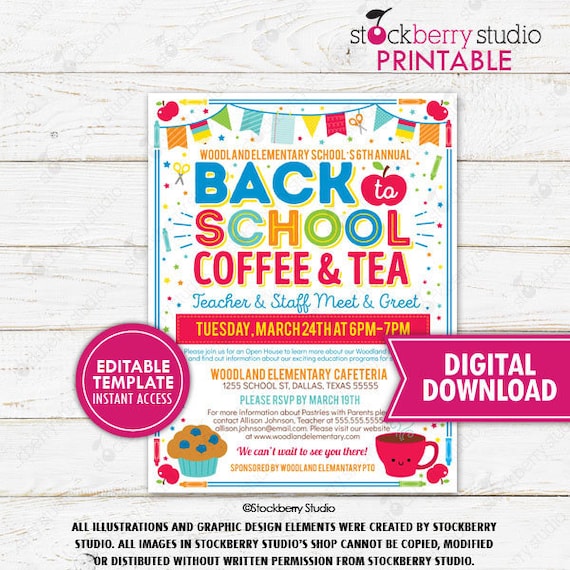 Back to School Coffee Tea Breakfast Social Flyer PTO PTA Fundraiser Invite Teacher Staff Meet and Great Breakfast Printable Editable Il_570xn