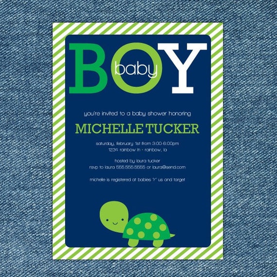 Turtle Baby Shower Invitation Printable - Boy Baby Shower Invite - Navy Blue, Green & White Il_570xn