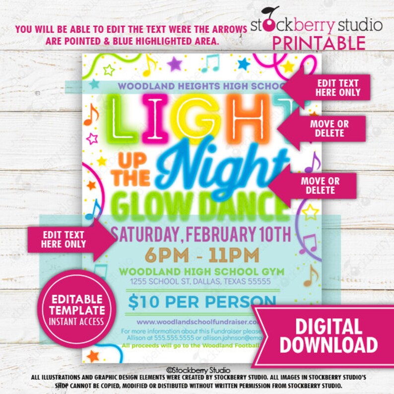 Light up the Night Glow Dance Flyer Ticket Invite Set Printable Neon ...