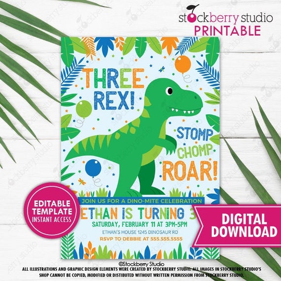 Dinosaur 3rd Birthday Invitation Printable Trex Dino Three Rex Invite T Rex 3 Dinosaur Birthday Party Instant Download Template Editable Il_570xn