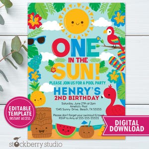 One In The Sun 1st Birthday Boy Pool Party Invitation Printable Splish Splash Summer Swim Party Invite Tropical Instant Download Editable
