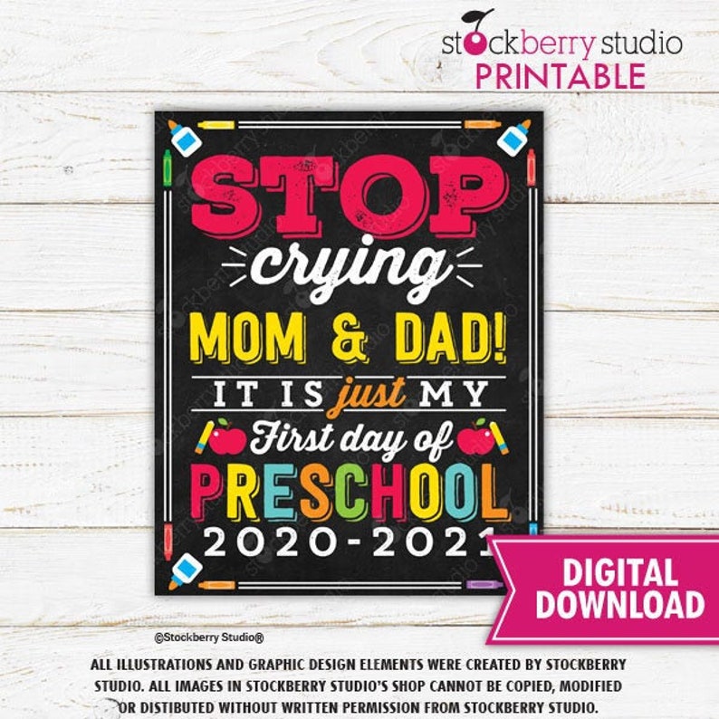 stop crying mom dad sign printable first day of preschool etsy