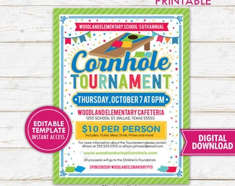 Cornhole Tournament Flyer Summer Fall Backyard Party Invitation Company School PTA PTO Fundraiser Event Printable Template Editable Download