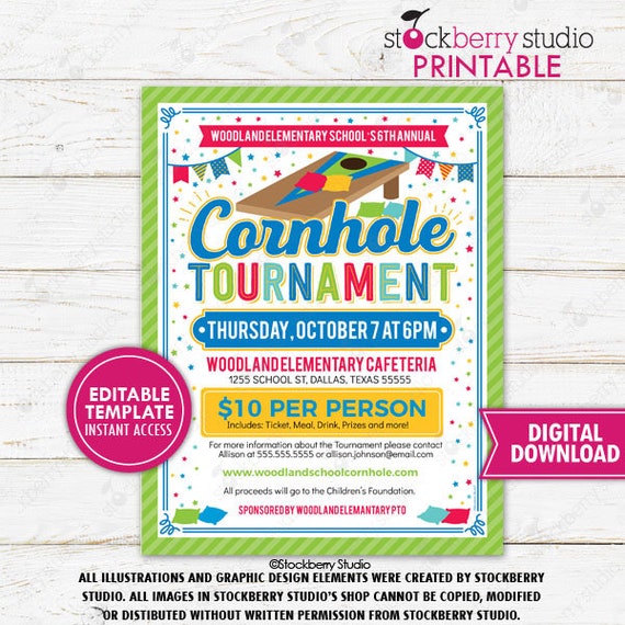 Cornhole Tournament Flyer Summer Fall Backyard Party Invitation Company School PTA PTO Fundraiser Event Printable Template Editable Download Il_570xn