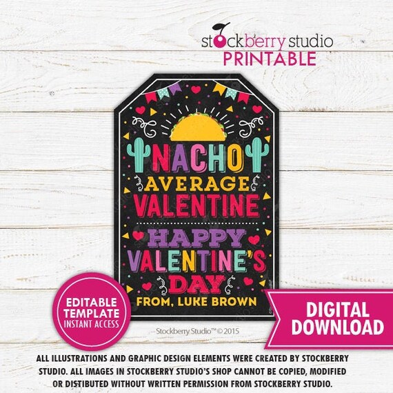 Nacho Average Valentine Taco Valentine's Day Gift Tags Editable Kids Valentines Tag Classroom Gifts Cactus Valentine Tags Instant Download Il_570xn
