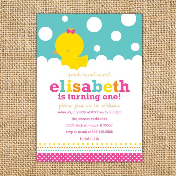 Rubber Ducky Birthday Invitation Printable - Rubber Duck Invitations - Girl Birthday Party - First Bbirthday Invites - Pink Yellow Aqua Blue Il_570xn