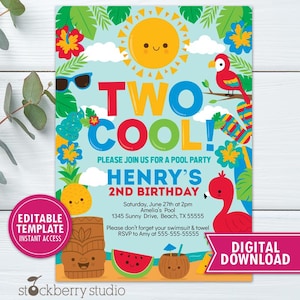 May include: A colorful pool party invitation with the text "TWO COOL!" and "HENRY'S 2ND BIRTHDAY." The design includes a smiling sun, a red flamingo, a parrot, and tropical elements. The invitation is a digital download.