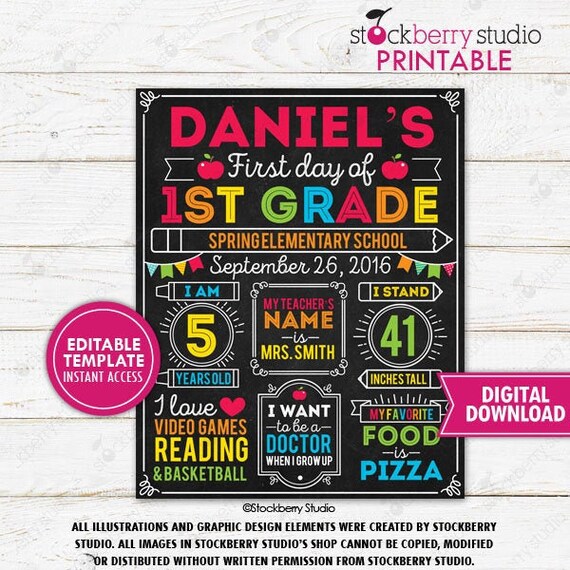 First Day of School Sign Editable Template Back to School Sign First Day of School Chalkboard 1st Day of School Printable Digital Download Il_570xn