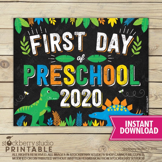 Dinosaur First Day of Preschool Sign Instant Download - Boy First Day of Preschool Sign Printable - Dinosaurs First Day of School Sign Il_570xn