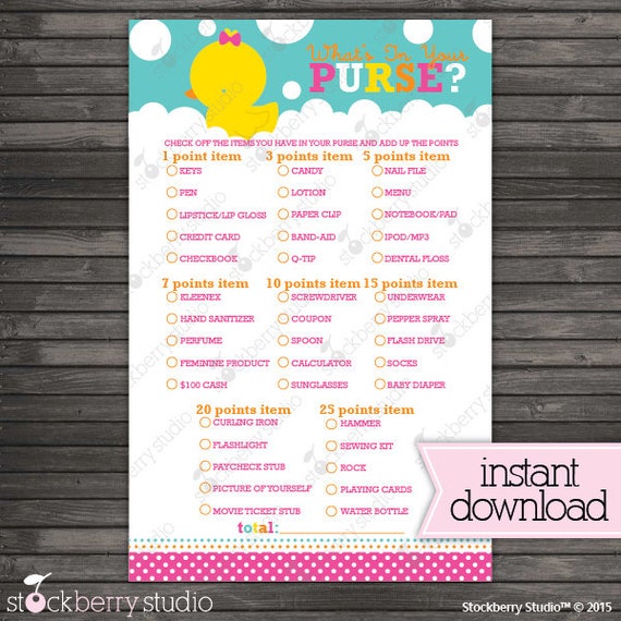 Girl Rubber Ducky Baby Shower What's in Your Purse Printable Game - Instant Download - Pink Baby Shower Game Activity Il_570xn