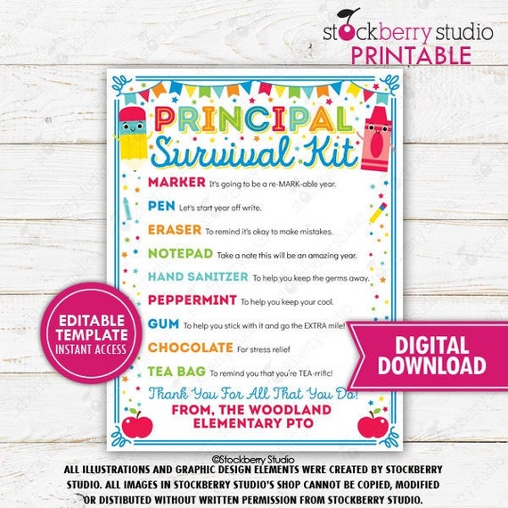 Principal Survival Kit Printable Thank You Appreciation Week Back to School Gift Idea PTO PTA Template Editable Digital Il_570xn