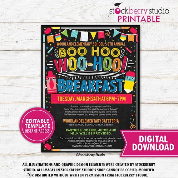 Boo Woo Woo Hoo Back to School Breakfast Social Flyer Invite PTO PTA Meet the Teacher Breakfast Invitation Printable Download Editable Il_570xn