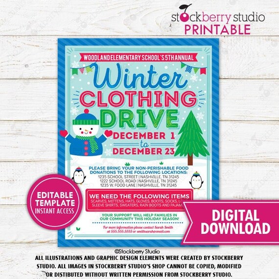 Winter Clothing Drive Flyer Printable Cold Weather Jacket Coat Donation Fundraiser PTO PTA School Church Nonprofit Charity Editable Template Il_570xn
