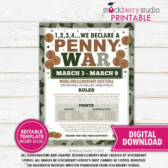 Penny War Flyer School Fundraiser Pto Pta Charity Benefit Church Community Event Editable Template Printable Instant Download By Stockberry Studio Catch My Party