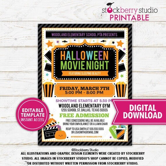 Halloween Movie Night Flyer Invitation Church Event School Fundraiser PTO PTA Flyer Cinema Party Printable Instant Download Editable Il_570xn